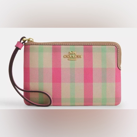 Coach Vibrant Pink and Green Plaid Wristlet shipping label - Picture 1 of 2